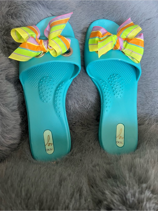 Okabashi Shoes - Okabashi Okal B Turquoise Rubber Slide Sandals with Multicolor Bow. NWOT
